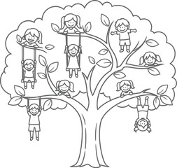 Fototapeta premium Joyful children playing and climbing on a large tree during a sunny day