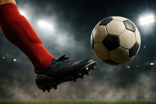 Soccer player kicks ball with full force on green stadium field, dirt flying from cleats in dynamic motion. Concept of football energy, male athletics, summer sport, goal attempt, match intensity.