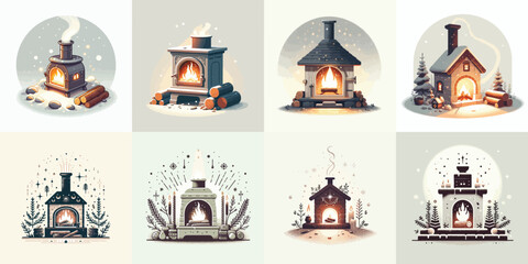 Traditional Yule, a small fire pit with Yule logs. Yule and winter solstice theme. Vektor, design, minimalist, illustrations, set icon