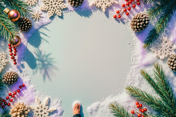Festive christmas wreath with pine cones and ornaments on a light background
