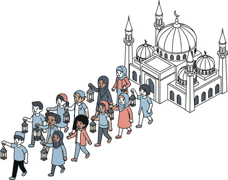 Children holding lanterns walk towards a mosque, celebrating a religious festival.
