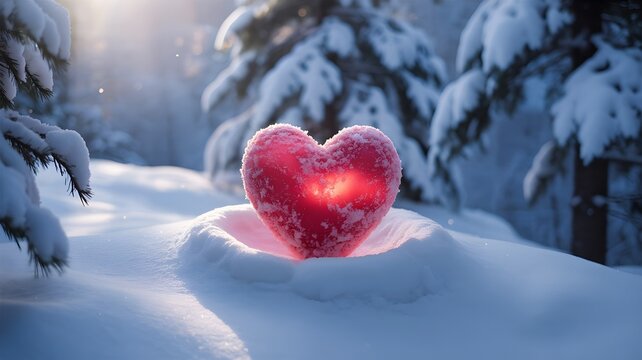 Glowing red heart resting in fresh snow in a winter forest setting at sunrise - Powered by Adobe