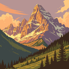 Scenic mountain landscape with snowcapped peaks and lush green valleys