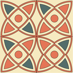 Geometric pattern with interlocking shapes in beige, red, and blue colors