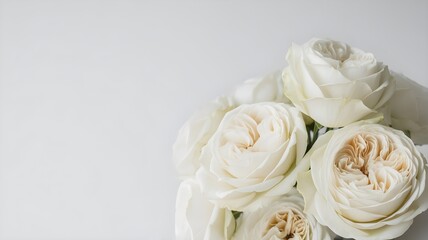 Obraz premium Beautiful bouquet of white garden roses with soft light and copy space