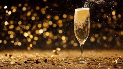 Sparkling champagne flute and glass with gold bokeh glitter, celebration party toast and holiday luxury mood, fizz bubbles sparkle confetti night scene, elegant festive splash on shimmering table
- Powered by Adobe