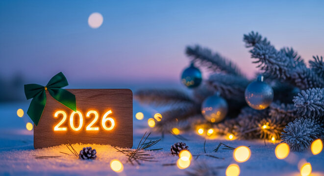 Illuminated 2026 sign with bow on snow, next to a frosty branch and baubles, symbolizing future celebration and festive expectation, holiday spirit