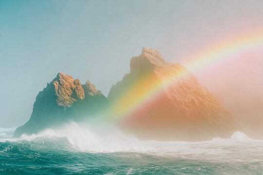 Towering ocean swells smash into rocky outcrop, creating rainbow mist in the sunlight - Powered by Adobe