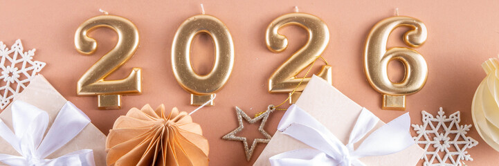 New year 2026 celebration greeting card background Gold numbers 2026 with golden party decoration,...