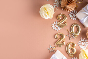 New year 2026 celebration greeting card background Gold numbers 2026 with golden party decoration,...