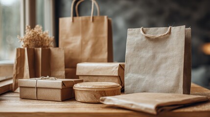 Close up of eco friendly packaging materials including kraft paper reusable bags and biodegradable boxes on wooden table, perfect for sustainable retail business and green commerce practices concept
