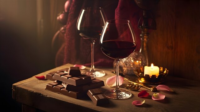 Two glasses of red wine and dark chocolate bar by candlelight for romance