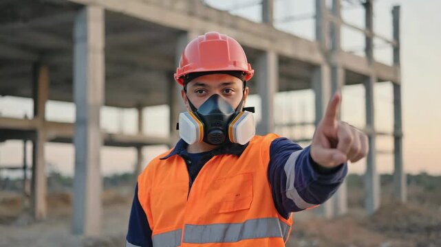 Asian adult male construction worker in a hard hat and respirator mask shows a stop gesture. Industrial safety concept with a builder prohibiting access to a dangerous work zone