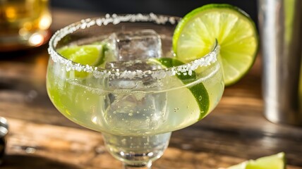 Classic margarita cocktail with salt rim and lime wedge served on a wooden surface