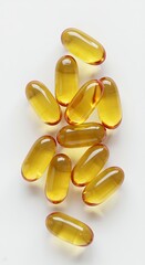 Pile of translucent gold vitamin gel capsules on white surface health