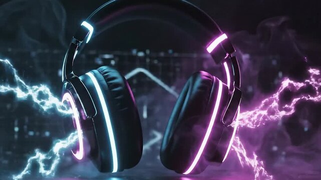 Electric Headphones Glowing Neon Blue Pink with Power Surge Effect