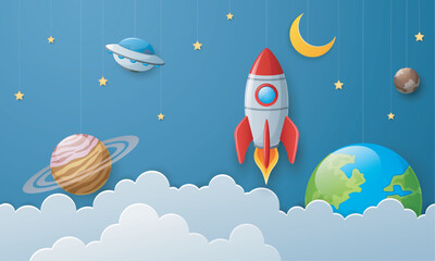 Rocket flying in the sky with planets and stars. Paper art style