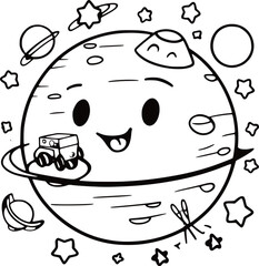 Cartoon Smiling Planet with Space Elements