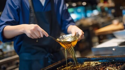 357Close-up of staff draining golden-brown used oil into collection tank, reflections on metal surfaces, active kitchen environment softly blurred