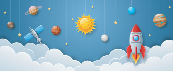 Rocket and planets in the sky. Paper art style