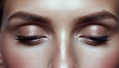 Close-up of a woman's closed eyes with natural makeup and groomed eyebrows.