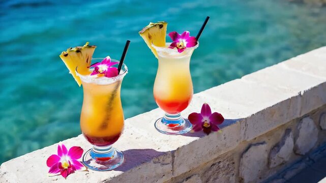 Two tropical cocktails with pineapple and orchid garnish by the turquoise sea. Refreshing summer drinks for a luxury vacation at an exotic beach resort or poolside bar