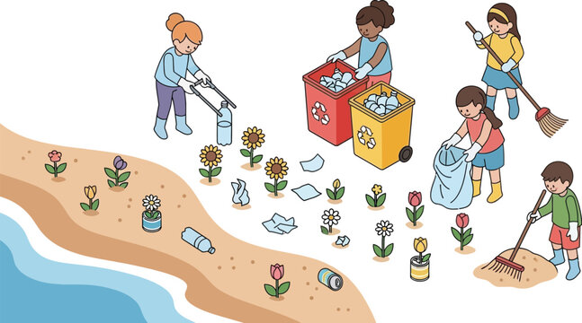 Diverse children happily cleaning a sandy beach, collecting trash and planting flowers.