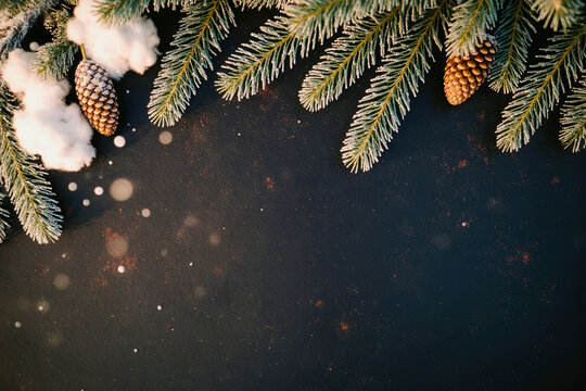 Christmas fir branches with pine cones and snowflakes on dark background