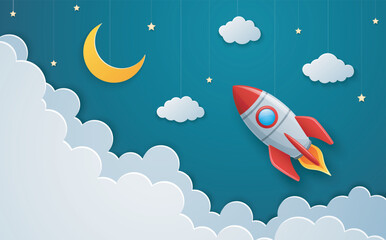 Rocket flying in the sky. Paper art style