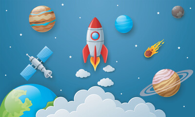 Space background with rocket and planets in paper art style