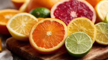 Close up of colorful fresh citrus fruits including oranges lemons and limes sliced on rustic wooden cutting board, perfect for vitamin rich nutrition and clean eating healthy lifestyle concept