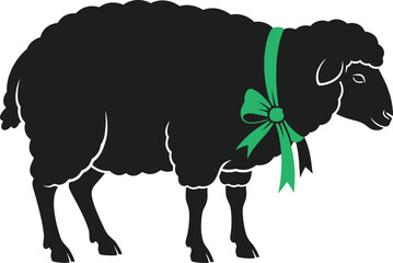 Distinctive black sheep adorned with a festive green ribbon, standing out from the flock.