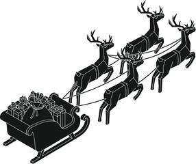 Santa's sleigh loaded with gifts pulled by reindeer through the night sky