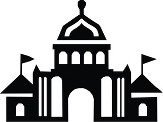 Castle silhouette with towers flags and battlements.
