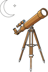 Classic telescope on tripod pointed towards a crescent moon and star, symbolizing exploration and discovery.