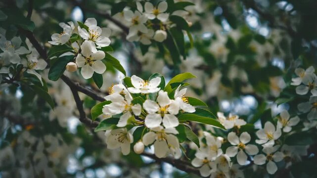 Close up of a blooming apple tree with delicate white flowers in a lush spring garden. Natural floral panoramic background for website headers or seasonal decoration