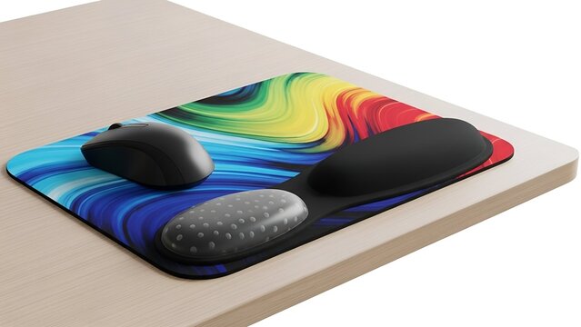 A colorful mousepad with ergonomic wrist rest, mouse, on a wooden desk