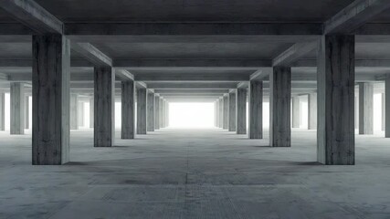 Wide open concrete structure with repeating columns extending into a bright vanishing point, creating a spacious industrial architectural scene