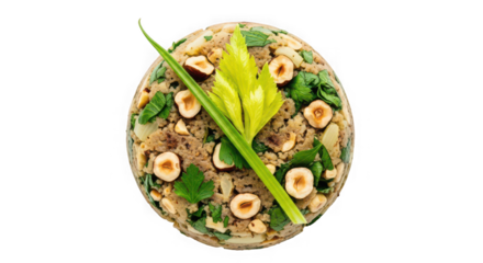 Artistic egg shaped food creation with nuts and greens