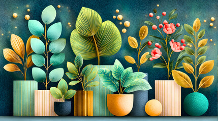 Decorative Botanical Arrangement with Colorful Leaves and Modern Textured Vases