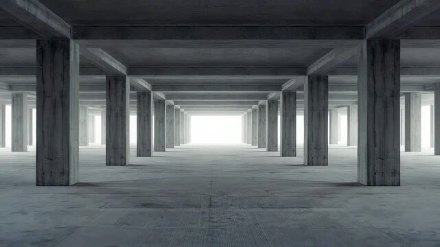 Wide open concrete structure with repeating columns extending into a bright vanishing point, creating a spacious industrial architectural scene