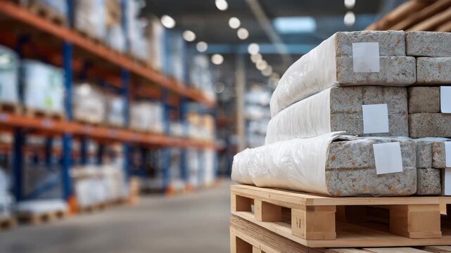 381Detailed perspective of construction materials on pallets, bricks, metal rods, and insulation rolls, warehouse shelving blurred softly in background