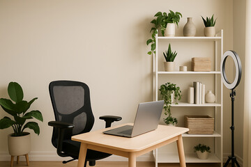 Calming workspace with laptop, ring light, and plants creates a productive, serene atmosphere perfect for remote work or creative endeavors