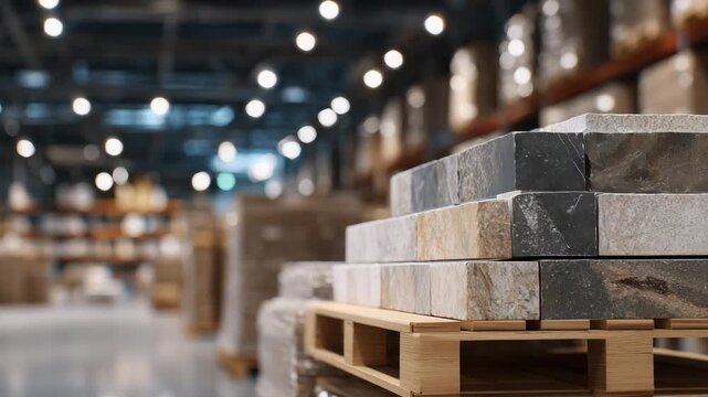 388Neatly stacked building materials in warehouse, focus on varied textures from smooth tiles to rough bricks, ambient industrial lighting creating depth