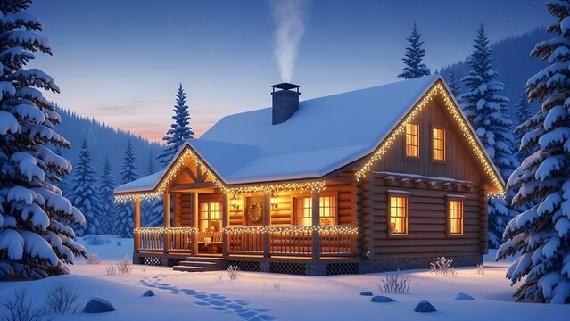 A cozy log cabin in a snowy landscape, lit up at dusk with string lights
