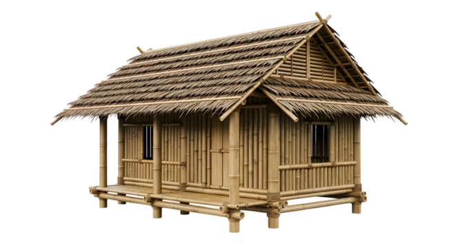 Small bamboo hut with a thatched roof isolated on transparent background