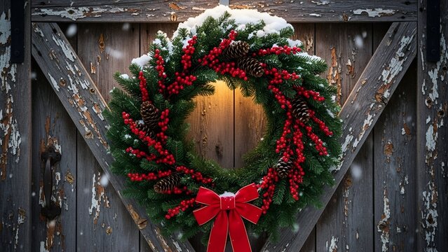 Festive wreath with red berries, pinecones, and bow hangs on weathered, rustic wooden door