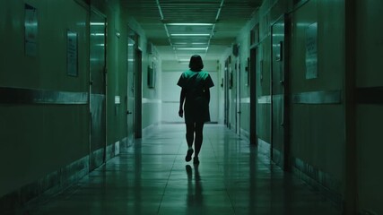 Female patient walking away in a dark and empty hospital hallway. Eerie cinematic sequence with a green tint creating a suspenseful mood for a horror or thriller film