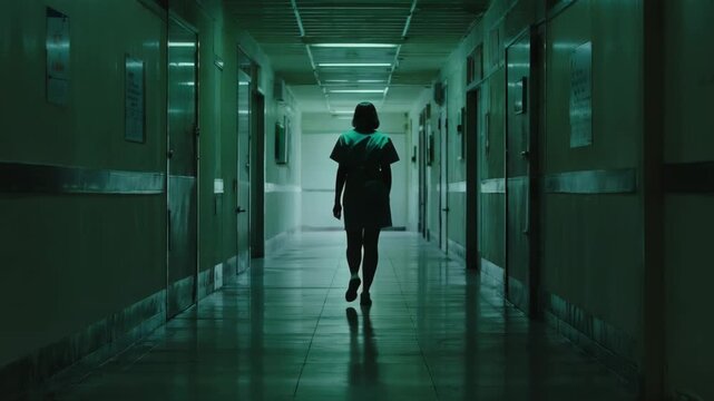 Female patient walking away in a dark and empty hospital hallway. Eerie cinematic sequence with a green tint creating a suspenseful mood for a horror or thriller film