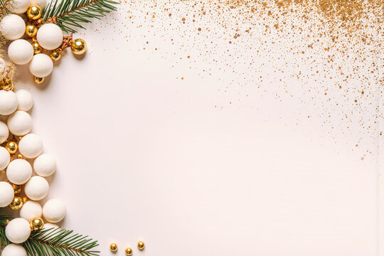 Elegant christmas border with baubles pine needles and gold glitter - Powered by Adobe